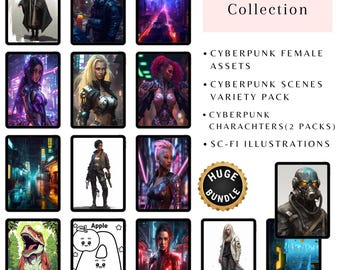 Cyberpunk Digital Art Mega Bundle | Sci-Fi Cityscapes, Futuristic Female + Male Characters, Cyberpunk Scenes Illustrations, Digital Download