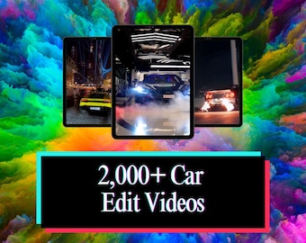 May include: Three tablets displaying car videos against a colorful, abstract background. The tablets show different cars, including a yellow sports car and a car with bright headlights. The text "2,000+ Car Edit Videos" is displayed.
