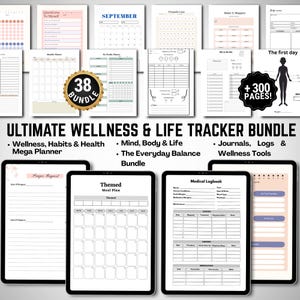 May include: An Ultimate Wellness & Life Tracker Bundle with over 300 pages. Includes journals, logs, and wellness tools. Features a variety of planners, including a monthly planner, a meal plan, and a medical logbook. The bundle is designed for wellness, habits, and health.