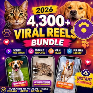 Puede incluir: Un gráfico de paquete de marketing digital con un gato y un perro, titulado 2026 4,300+ VIRAL REELS BUNDLE. Incluye iconos para contenido sin rostro, plantillas editables y licencia PLR MRR. Tres maquetas de teléfonos muestran videos de mascotas.