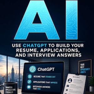 Può includere: Una copertina di libro intitolata GET HIRED WITH AI di Austin Erkl. La copertina mostra un computer portatile con ChatGPT, una tazza con testo, un documento di curriculum e un blocco note con il testo PREPARE, PRACTICE, PERFORM, GET HIRED.