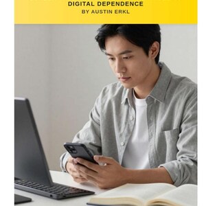 May include: A person using a smartphone, with a laptop and open book on a white desk. The image includes the text "STOP MINDLESS SCROLLING: MASTERING SCREEN TIME AND BREAKING THE CYCLE OF DIGITAL DEPENDENCE BY AUSTIN ERKL" in a yellow banner.