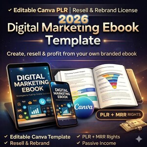 Può includere: Un modello di ebook di marketing digitale 2026 con file Canva modificabili, licenza di rivendita e rebranding, e diritti PLR più MRR. L'immagine mostra un tablet, uno smartphone e un libro aperto con diagrammi di marketing e testo.