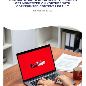 May include: A laptop displaying the YouTube logo on a red screen. The text "YOUTUBE MONETIZATION SECRETS: HOW TO GET MONETIZED ON YOUTUBE WITH COPYRIGHTED CONTENT LEGALLY BY AUSTIN ERKL" is at the top. A person's hands are on the keyboard.