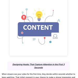 May include: An illustration with the word "CONTENT" in a blue rectangle, surrounded by lightbulb and thought bubble graphics. The text "Crafting High-Performing Content" and "Designing Hooks That Capture Attention in the First 3 Seconds" are also present.