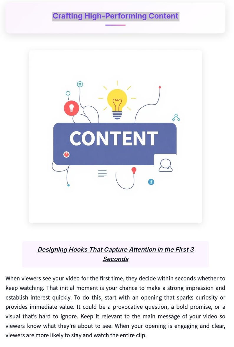May include: An illustration with the word "CONTENT" in a blue rectangle, surrounded by lightbulb and thought bubble graphics. The text "Crafting High-Performing Content" and "Designing Hooks That Capture Attention in the First 3 Seconds" are also present.