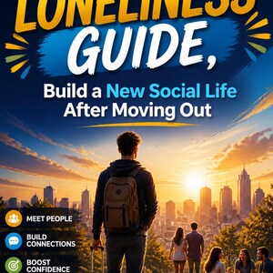 Op de afbeelding: Een digitale gids getiteld Overcome Loneliness Guide, Build a New Social Life After Moving Out. Het toont een persoon met een rugzak en koffer die uitkijkt over een stad bij zonsondergang, met iconen voor sociale interactie.