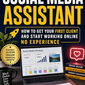 May include: A book cover titled BECOME A SOCIAL MEDIA ASSISTANT by Austin Erkl. The cover features a laptop displaying social media analytics, a black mug with text, a smartphone with app icons, a notebook with a checklist, and stacked books.