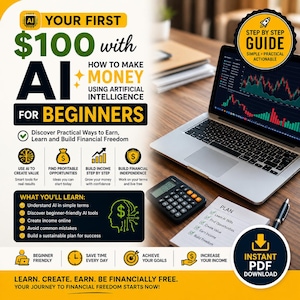Peut inclure: Un guide numérique intitulé Your First $100 with AI for Beginners avec un ordinateur portable affichant des graphiques financiers, une calculatrice et un bloc-notes. Le graphique inclut du texte sur le gain d'argent avec l'intelligence artificielle, des instructions étape par étape et une icône de téléchargement PDF instantané.