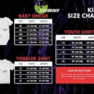 May include: A white baby onesie and toddler shirt with size charts for baby, toddler, and youth sizes. The chart includes measurements in inches and centimeters for width and length. Care instructions are also included.