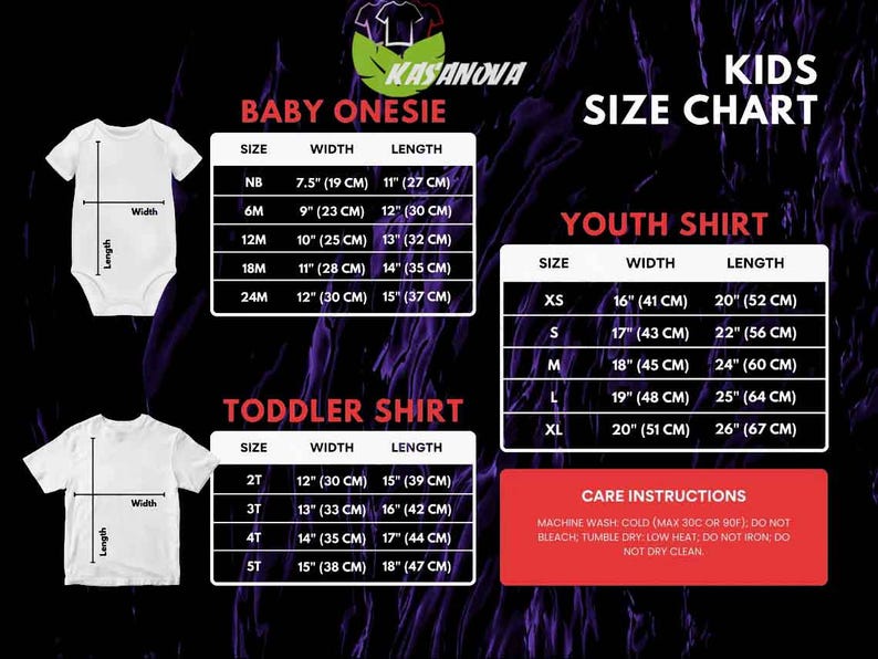 May include: A white baby onesie and toddler shirt with size charts for baby, toddler, and youth sizes. The chart includes measurements in inches and centimeters for width and length. Care instructions are also included.