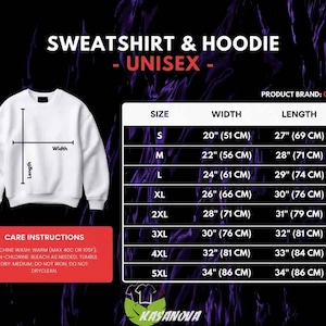 May include: White unisex sweatshirt with size and care instructions. The size chart shows measurements in inches and centimeters, with widths ranging from 20" (51 cm) to 34" (86 cm) and lengths from 27" (69 cm) to 34" (86 cm).