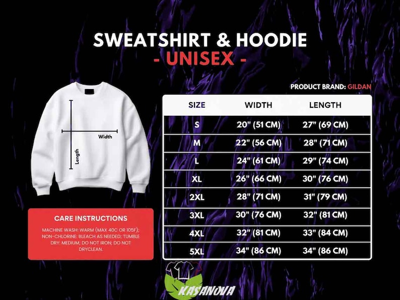 May include: White unisex sweatshirt with size and care instructions. The size chart shows measurements in inches and centimeters, with widths ranging from 20" (51 cm) to 34" (86 cm) and lengths from 27" (69 cm) to 34" (86 cm).