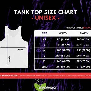May include: White tank top size chart with measurements in inches and centimeters. The chart includes sizes XS to 2XL, with width and length dimensions. The product brand is Bella Canvas. Care instructions are also included.
