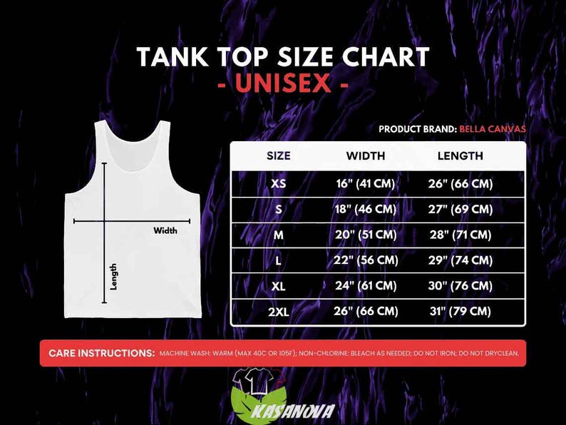 May include: White tank top size chart with measurements in inches and centimeters. The chart includes sizes XS to 2XL, with width and length dimensions. The product brand is Bella Canvas. Care instructions are also included.
