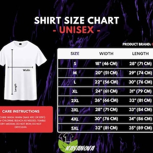 May include: White t-shirt with size chart and care instructions. The chart shows shirt sizes from S to 5XL, with width measurements from 18 inches (46 cm) to 32 inches (81 cm) and lengths from 28 inches (71 cm) to 35 inches (89 cm).