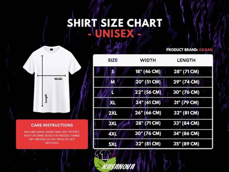 May include: White t-shirt with size chart and care instructions. The chart shows shirt sizes from S to 5XL, with width measurements from 18 inches (46 cm) to 32 inches (81 cm) and lengths from 28 inches (71 cm) to 35 inches (89 cm).