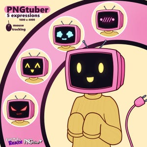 Può includere: Illustrazione digitale di un personaggio con una testa a forma di TV rosa che mostra varie espressioni. Il personaggio indossa un maglione giallo e ha un cavo di alimentazione rosa. Il testo recita "PNGtuber" e "5 espressioni".
