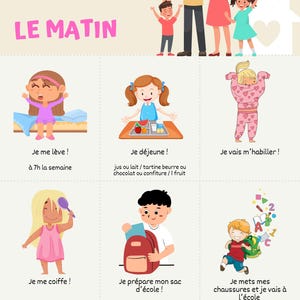 May include: An illustrated poster in French, titled "Règle à la Maison" and "Le Matin", depicting children's morning routines. The images show activities like waking up, eating breakfast, getting dressed, and preparing for school. The poster concludes with "Bonne journée!"