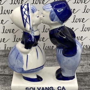 Hand Painted Dutch Couple Figurine Kissing Ceramic Statue Holland Souvenir Delft Blue Collectible Gift Solvang California Decor