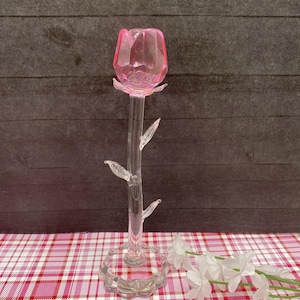 Vintage Glass Rose Figurine Pink Flower Art With Curved Stem Pedestal Sculpture Hand Blown Floral Decor Romantic Gift Collectible 5.5 Inch
