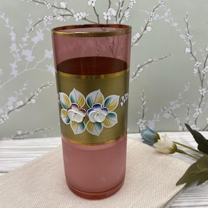 Antique Cranberry Glass Vase: Victorian Hand Painted Enamel Flowers Rare Vintage Collectible