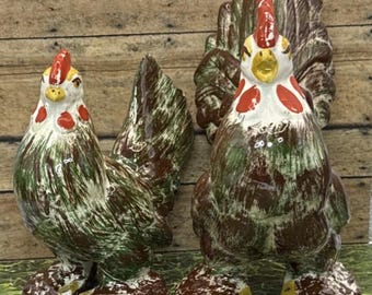 Vintage Rooster & Hen Ceramic Planter Set: Retro Farmhouse Decor