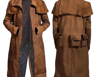 Men&#39;s Suede Leather Western Cowboy Long Coat: Handmade Ranger Style