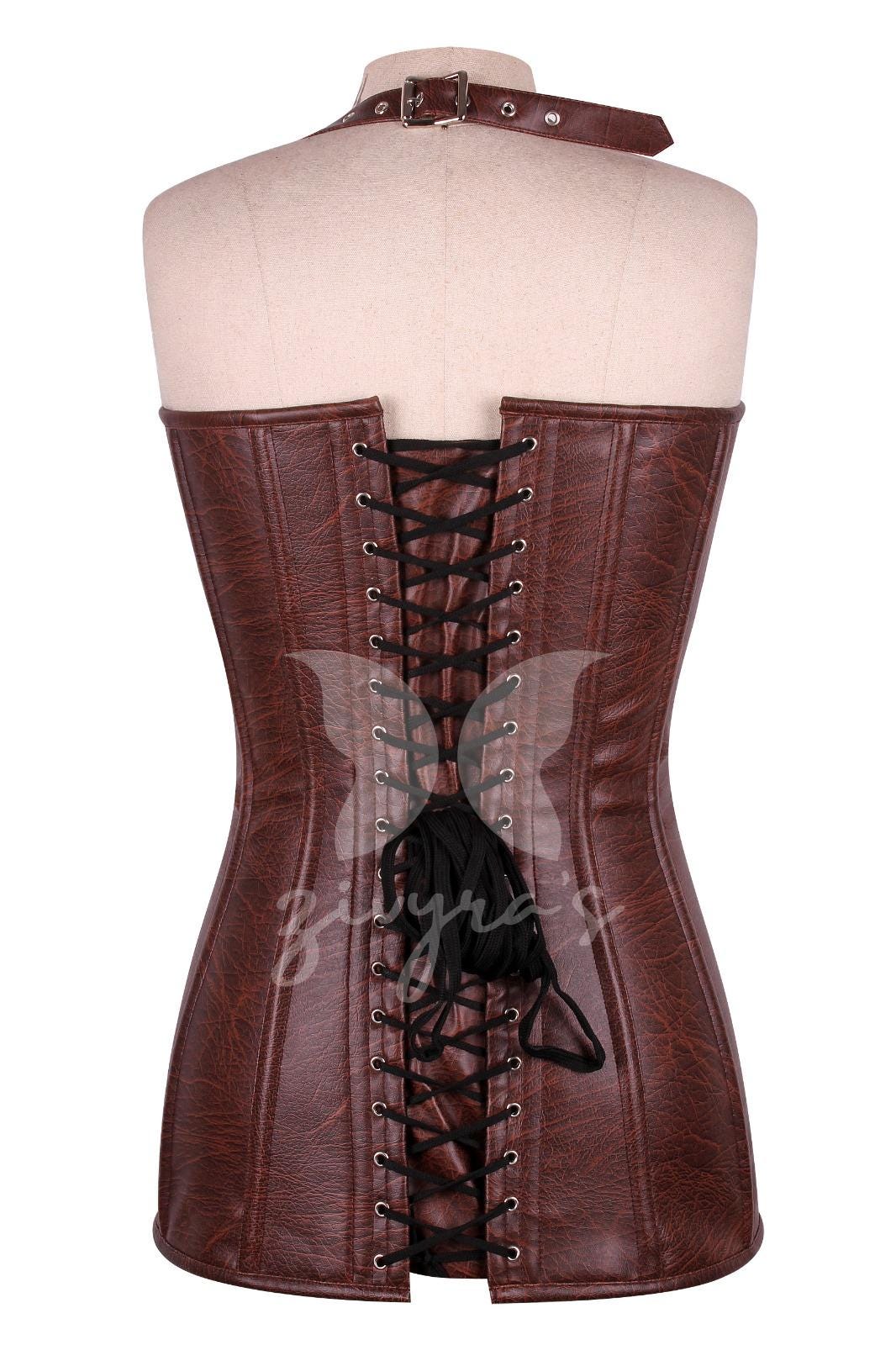 Faux Leather Steel Boned Corset Dress: Halter Straps, Front Zipper Faux Leather Steel Boned Corset Dress: Halter Straps, Front Zipper
