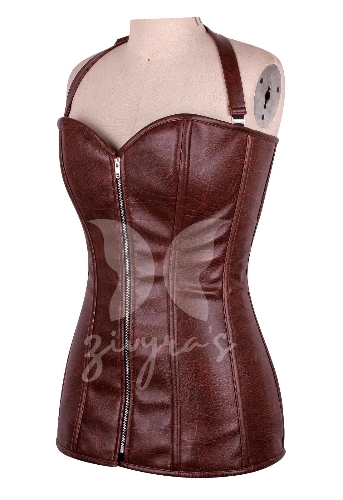 Faux Leather Steel Boned Corset Dress: Halter Straps, Front Zipper