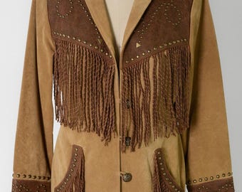 Women&#39;s Native Western American Inspired Suede Leather Fringe Jacket with Studded | Handmade Work |