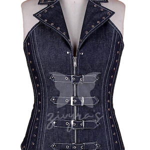 Haut corset en denim bleu pour femme avec fermeture éclair sur le devant, boucles et finitions cloutées | Travail fait main |