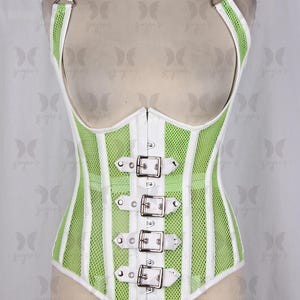 Fishnet & Faux Leather Underbust Corset: Halter Neck Buckle Straps