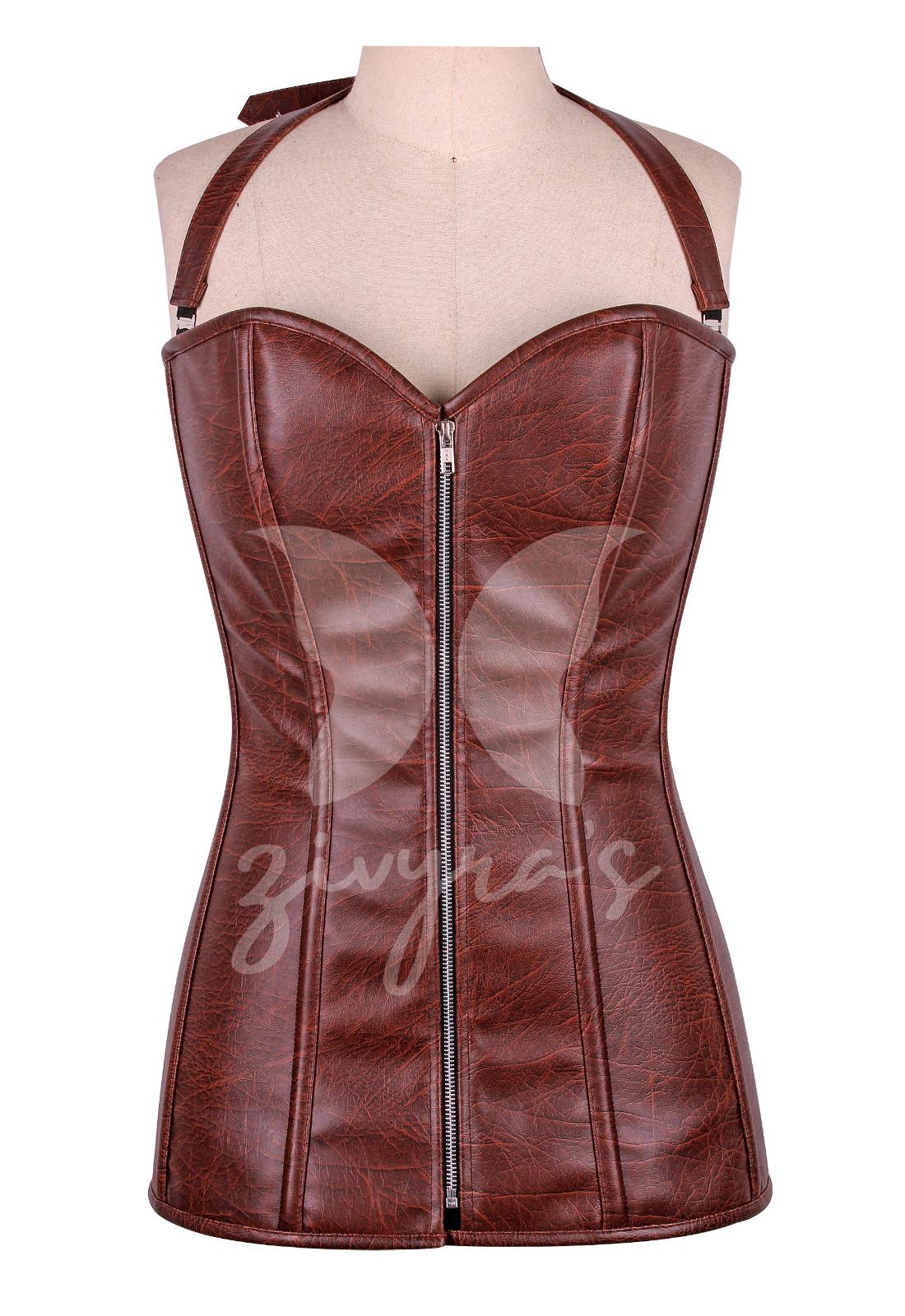 Faux Leather Steel Boned Corset Dress: Halter Straps, Front Zipper