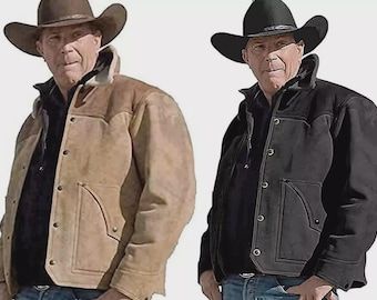 Men Yellowstone Kevin Costner John Dutton Cowboy Suede Leather Shearling Jacket | Handmade Working |