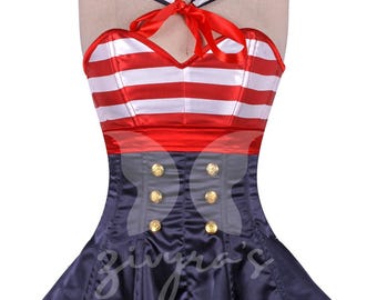 ZV-1446 Overbust Satin Sailor Corset Dress with Detachable Cape: Handmade