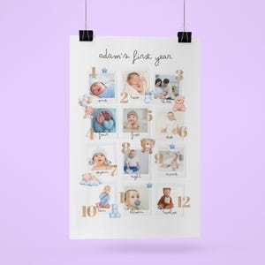 Póster de collage de fotos de bebé personalizado que captura cada hito desde el nacimiento hasta el año. Regalo perfecto personalizado para cumpleaños y padres primerizos.