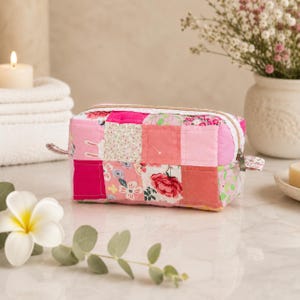 Pink Quilted Patchwork Makeup Bag, Floral Cosmetic Pouch, Travel Toiletry Organizer, Soft Fabric Makeup Case Gift for Her