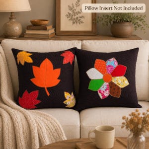 Handmade Quilted Fall Pillow Cover, Maple Leaf Patchwork Cushion Case, Dark Autumn Throw Pillow Cover, Cozy Farmhouse Sofa Decor