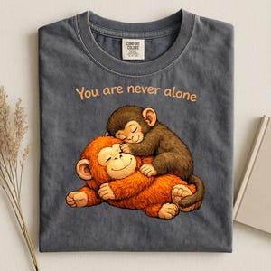 May include: Dark gray t-shirt featuring a cartoon illustration of two monkeys. One monkey is brown and sleeping on top of an orange monkey. The text "You are never alone" is printed above the monkeys.
