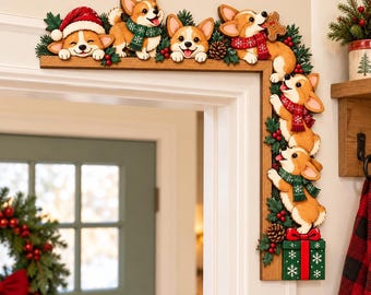 2d flat Christmas Corgi Wooden Corner Sign, Santa Hat Dog Frame Decor, Holiday Xmas Gift