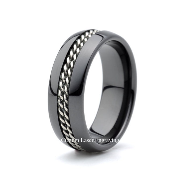 Mens Stainless Steel Polished Black Ceramic Inlay Wedding Band Ring