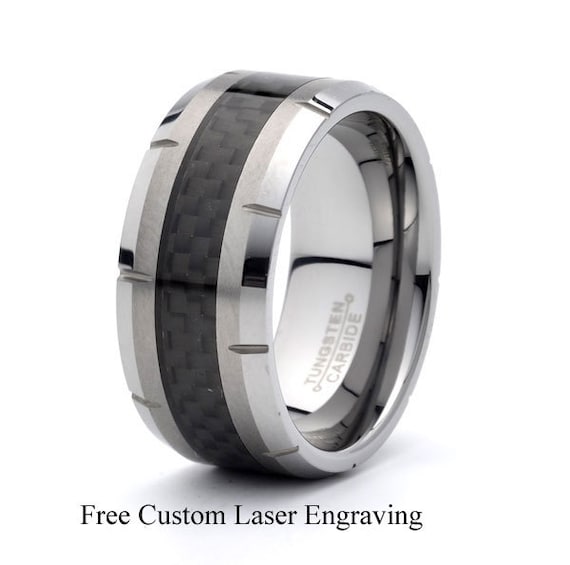 Tungsten Carbide Wedding Ring with White Carbon Fiber Inlay Beveled Edges 10mm Band