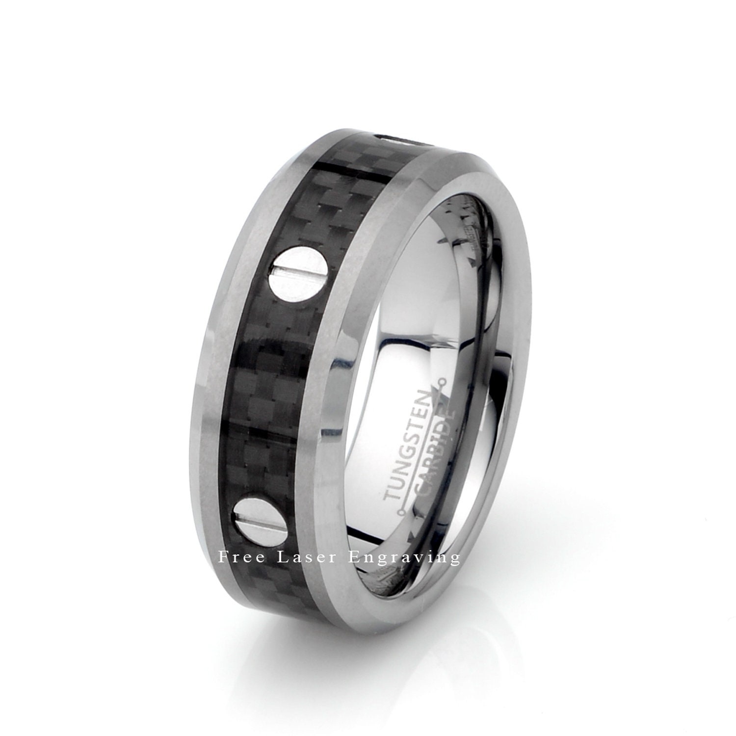 Men S Tungsten Carbide Wedding Band Black Carbon Inlay 6 Etsy