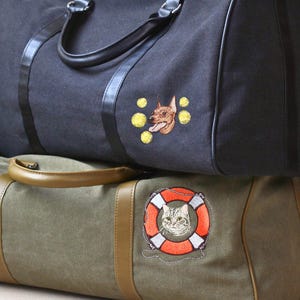 カスタムペットポートレートダッフルバッグ：刺繍入りキャンバスウィークエンダートラベルバッグ