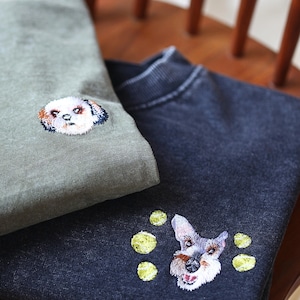 Custom Pet Embroidered Sporty Wreath Tshirt/Sweatshirt,Custom Cat Portrait Wash-Style Shirt,Personalized Pet Face Shirt,Pet Memorial Gift