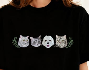 Custom Embroidered Pet Portrait T-Shirt, Unisex Cotton Pet Lover Apparel