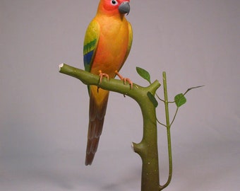 11" Sun Conure Bird Carving Wood