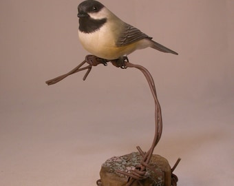 Black-capped Chickadee on barbed wire Hand Carved Wooden bird