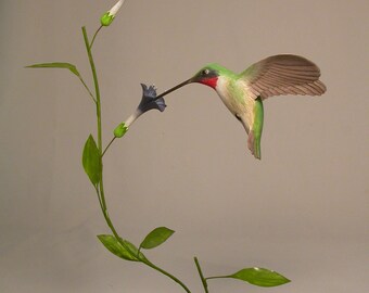 Open-winged Ruby-throated Hummingbird #4 Hand Carved Wooden Bird